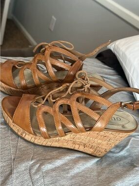 Guess Tan Leather Lace-Up Cork Wedge Sandals